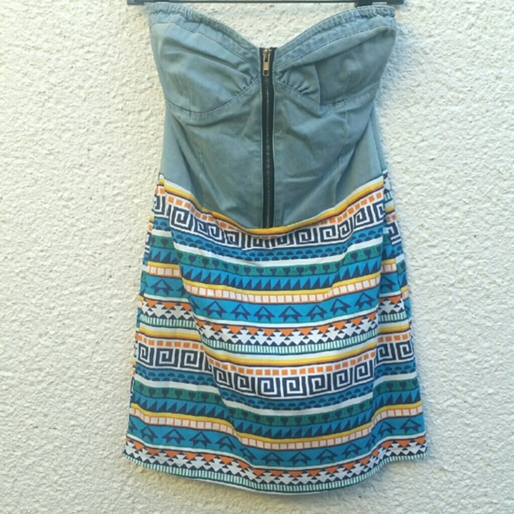 Denim Tribal Printed Strapless Dress